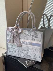 (11 بوصة * 7.9 بوصة * 3.9 بوصة) حقيبة يد نسائية موضة، سعة كبيرة، شكل مربع، خفيفة الوزن، زخرفة وشاح راقية، مقاومة للخدش والاحتكاك، مناسبة للتسوق والمواعدة والتجمعات والتنقل، بنمط حرفي، حقيبة كاجوال أنيقة بسيطة باللون الرمادي والوردي