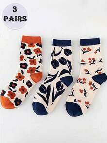 1/3 Pairs Women Color Block Floral Jacquard Pattern Vintage Style Comfortable Soft Casual Mid-Calf Socks, Suitable For Daily Wear, Fall - Multicolor - View 6