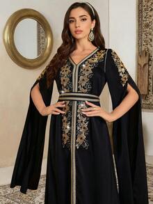 Floral Embroidery V-Neck Maxi Slit Sleeve Dress - Black - View 6