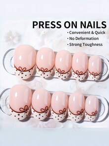 24pcs Short Oval Press On Nails, Y2K Style, Brown Bow Design, Glossy Shiny Finish, Reusable Fake Nails Nail Tips Set For Women Daily Wear Casual Outings - Multicolor - View 2