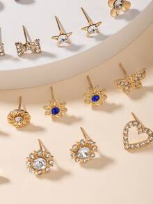 30 Pairs/Set Fashionable & Minimalist Women's Daily Earring Jewelry Set, Includes Heart, Bow, Round Flower, Metal, Rhinestone, Faux Pearl Designs, Colorful & Elegant - Yellow Gold - View 4
