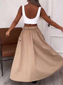 Women's Khaki Mid-Length Skirt, High Waist With Belt, Front Slit, Cargo Pockets, A-Line Loose Casual Street Style Maxi Skirt - Khaki - View 5