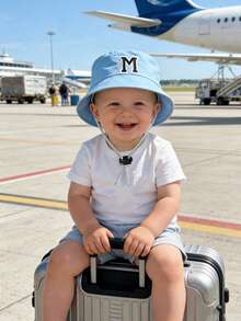 儿童26字母印花遮阳帽，带可调节防风绳，休闲风格婴儿渔夫帽，适合户外、海滩、防晒 - 淺藍色 - 查看 3