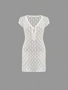 Women's Spring/Summer New Casual Elegant Beachside Vacation Hollow V-Neck Chinese Style Button Design Fitted Short Sleeve Cropped Sweater Dress - White - View 5