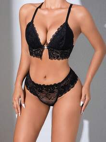 1 Set Sexy European & American Style Lace French Triangle Cup Push-Up Adjustable Front-Closure Bra & Thong Lingerie Set For Women - Black - View 7