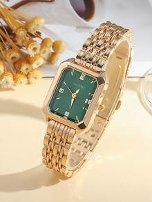 1 件/套青少年简约混合条形刻度方形表盘钢带石英表，适合生日礼物、万圣节礼物、年终促销 - 綠色 - 查看 6