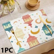 1/4/6/12 Stücke Eid Mubarak Tischsets, islamische Feiertags-Dekorationen, Leinen Esszimmertischsets mit traditionellem Laternen-Muster, waschbare bedruckte Tischdecken, Oberflächenschutzmatten, ideal für Feiertags-Küche und Familienzusammenkünfte