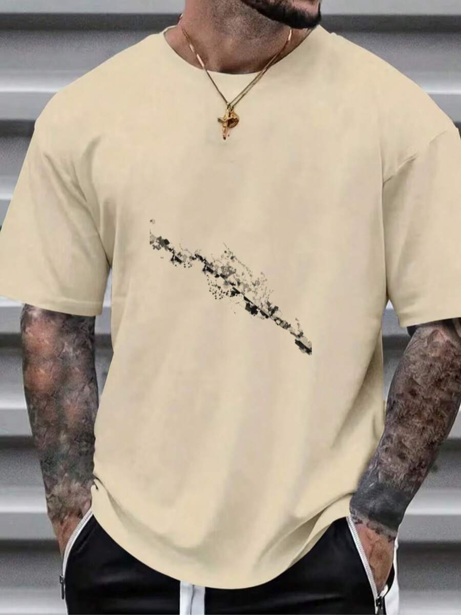 Item: White Short-Sleeved T-Shirt With Abstract Ink Pattern - Khaki - View 1