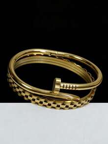 2pcs/Set Vintage Gold Stainless Steel Bracelet Set For Men, Nail And Chain Design, Business & Casual Accessory, Ideal Jewelry Gift For Boyfriend On Valentine's Day