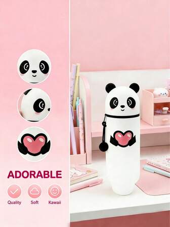 Estuche de lápices de silicona con diseño de panda lindo, cierre con cremallera, gran capacidad y expandible, soporte con forma de panda, adecuado para almacenar útiles de oficina y escolares, regalo con tema de panda para volver a la escuela, artículos de papelería, bolso