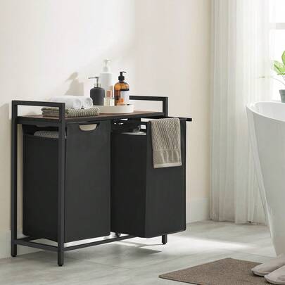 Metal Frame Laundry Baskets 2 Compartments 46L Each 2 Removable Oxford Cloth Bags 28.74x12.99x28.35inch Dirty Clothes Organizer Storage Bin