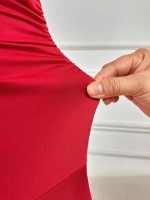 AIJ Amarilo 红色情人节修身迷你连衣裙 - V 领、长袖、蕾丝边、荷叶边下摆和褶裥，优雅春日 - 紅色 - 查看 10