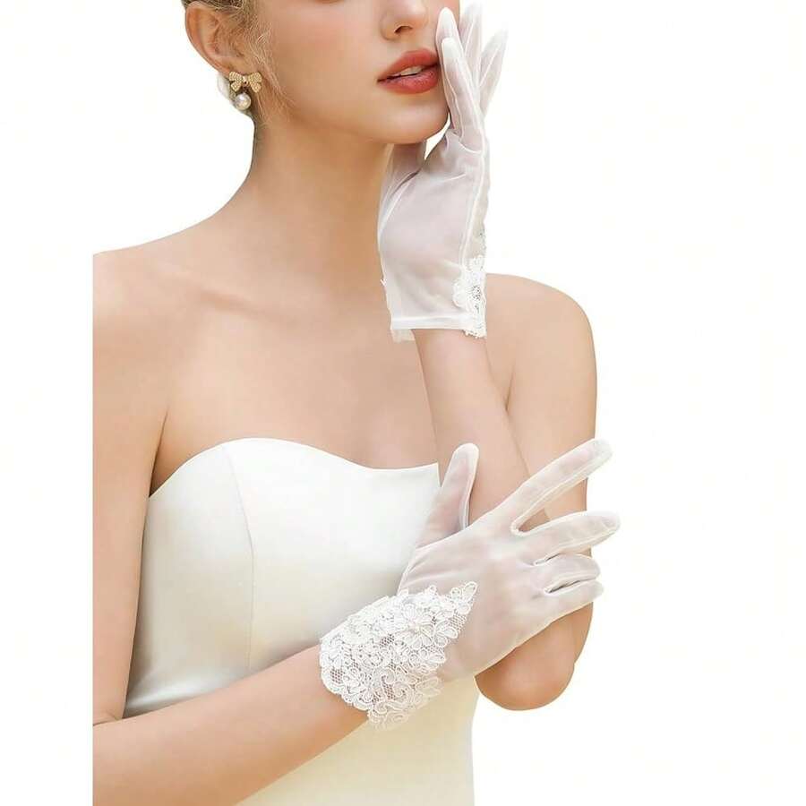Short Lace Mesh Gloves Tulle Border With Pearls Wedding Opera Tea Party Gloves For Women Formal,OneSize,Ivory-5 - Ivory-5 - View 1