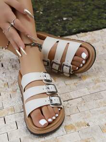 3-Strap Non-Slip Easy-Clean Open Toe Thick Sole Casual Flat Sandals - Beige - View 4