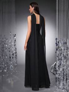 女士优雅纯色针织拼接不对称修身长裙，性感露背荷叶边下摆，适合派对穿着；女士褶皱宽松正式礼服，适合舞会、毕业典礼、明星红毯、舞会等场合，配有围巾；新年派对礼服 - 黑色 - 查看 11