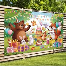 2D Flat An Interesting Forest Birthday Party Background With A Vibrant Polyester Flag, Featuring Bears, Rabbits, Foxes And Colorful Balloons, Is Perfect For Young People's Celebration Activities And Party Decorations. Fun Design. Polyester, Birthday Party Decoration - 1PCS - View 3