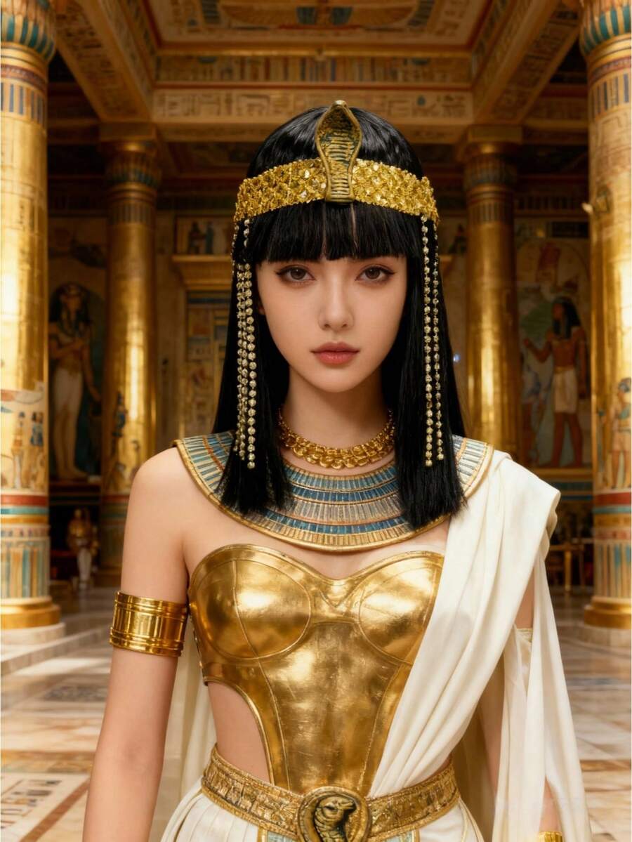 埃及艳后克利奥帕特拉角色扮演假发，12英寸女士直发黑色合成假发，带刘海，耐热搭扣网帽，名人主题万圣节服装假发