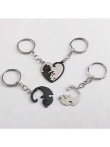 Cat Hug Keychain With Patchwork Heart Round Keyring Cute Design For Couple Lovers Bag Car Key Holder Gift