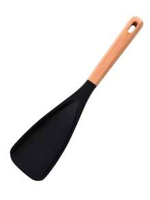 1pc Wooden Handle Silicone Cooking Spatula, Heat Resistant Kitchen Utensils, Non-Stick Pot Dedicated Set, Soup Ladle - Black - View 8