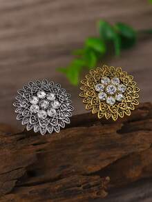 1pc Bohemian Style Vintage Hollow Flower Rhinestone Adjustable Ring - Multicolor - View 2