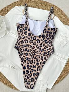 Women's Fashion Leopard Print One-Piece Swimsuit, With Asymmetrical Metal Ring Decoration, Elegant Suitable For Daily Beach Parties Vacation Summer - Leopard - View 3