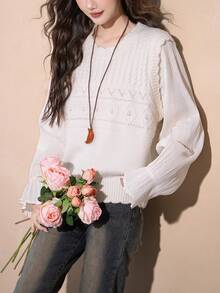 Alicedudu Women's Spring Soft Knit Patchwork Cable Design Pullover Sweater - Beige - View 1