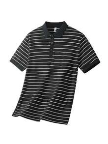 男士休闲条纹透气Polo衫，轻盈简约，学院风，适合春夏日常通勤 - 黑色 - 查看 2