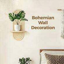 1 Bohemian Floating Shelf, Practical Style, Wall-Mounted Storage Display, Resin Material; Rainbow Candle Holder, Wave Design, Natural Aesthetics, Multi-Scenario Home Decoration - Apricot - View 2