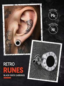 Pendientes para Hombres Pendientes de Estilo Nórdico Vikingo de Ónix Negro Joyería de Oreja Hipoalergénica Pendientes Ligeros con Caja de Regalo - Ónix Negro-Redonda-Plata - Ver 4