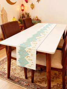 1pc Ramadan Blessing Classical Floral & Lantern Pattern Table Runner, Single-Sided Print, Faux Linen Polyester Rectangular Table Runner, Suitable For Home Kitchen Dining Room Indoor/Outdoor Decor, Great For Holiday Gatherings And Celebrations - Multicolor - View 6