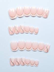 24 móng giả vuông ngắn, màu trắng kiểu Pháp, họa tiết sọc bạc lấp lấp, bộ móng giả acrylic hợp kim crom dễ thương (bao gồm: 1 gel dán và dũa móng), thích hợp cho nữ sử dụng hàng ngày, hẹn hò, dự tiệc. - Nhiều màu - Xem 3