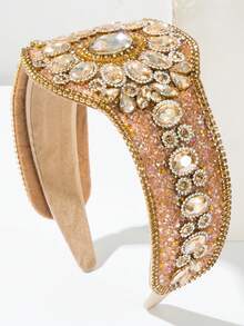 1件纯色布艺欧美时尚巴洛克风格加宽女士发箍，复古风格，饰以闪亮宝石，奢华高品质优雅头饰发带发箍 - 咖啡 - 查看 3