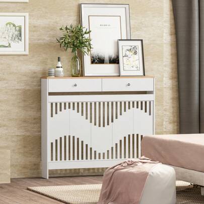 Jooli H Radiator Cover With Drawers, White Wooden Radiator Shelf Pipe Covers Cabinet With Wavy Grill For Living Room Bedroom Hallway