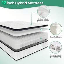 12 Inch Spring Mattress, Combining Memory Foam And High-Quality Inner Spring System, Provides Support And Breathability. It Features A Soft, Skin Friendly Polyester Fiber Cover, Providing Balanced Support, Pressure Relief, And Body Fit. Available In Multiple Sizes, Including California King - 白色 - 查看 6
