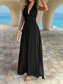 女士性感吊带深V领露背系腰高开衩连衣裙，优雅适合度假和派对 - 黑色 - 查看 9