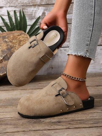 2026 Nya Casual Damskor Mångsidiga Slip-On Tofflor Med Nitdekor, Bekväma Tjock Sula Fuskpäls Slide Sandaler