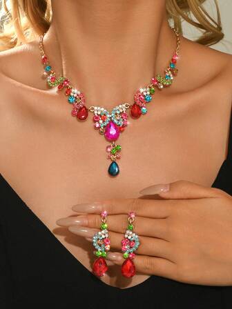 3件套夸张时尚水晶项链耳环套装，金属全镶钻，适合新娘婚纱、晚礼服配饰