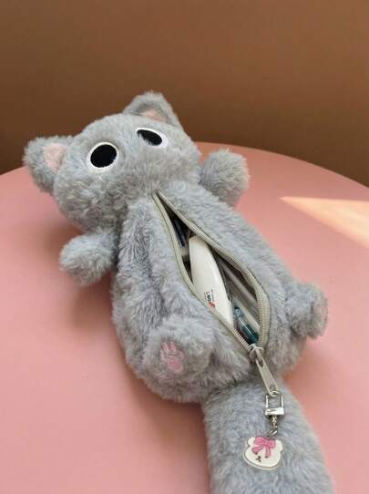 Joivida 1个大容量灰色猫咪毛绒铅笔盒 - 柔软厚实的涤纶拉链铅笔袋，可爱卡通设计，非常适合收纳学习和办公用品，猫咪铅笔袋，学习用品，办公配件，女孩学习用品