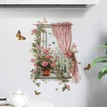 3D逼真花卉阳台窗户墙贴 - 带可开启百叶窗的仿真窗户，粉色玫瑰，绿色叶子贴纸，适用于卧室、客厅、阳台 - 可移除自粘墙贴（无需工具/专业知识） - 彩色 - 查看 5