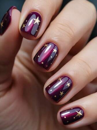 24pcs Of Short Square Nails, Charming Purple, Sparkling Cat's Eye Polka Dot Star Pattern Printed Decoration, Full Coverage Of Luster, Press-Type Reusable Artificial Nails, Suitable For Ladies' Festivals, Parties, And Daily Nail Art Decoration