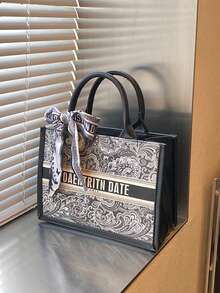 (28cm*20cm*10cm) Bolsa Feminina da Moda, Grande Capacidade, Formato Quadrado, Leve, Decoração de Lenço Requintada, Material Resistente a Arranhões e Abrasões, Adequada para Compras, Encontros, Reuniões, Transporte, Padrão de Letra, Elegante Bolsa Tote Casual Minimalista para Senhoras