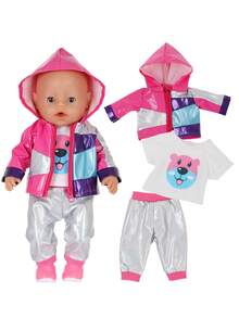 18-Inch Doll Clothes Set: Colorful Hooded Jacket + Cartoon T-Shirt + Silver Pants, And Cartoon Hooded Top + Pink Pants + Hat (Doll Not Included), Great Gift For Doll Holidays - Multicolor - View 1