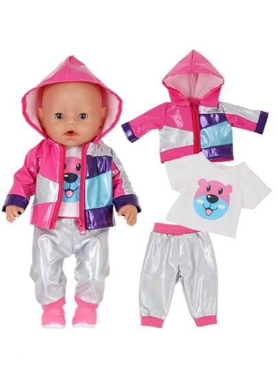 18-Inch Doll Clothes Set: Colorful Hooded Jacket + Cartoon T-Shirt + Silver Pants, And Cartoon Hooded Top + Pink Pants + Hat (Doll Not Included), Great Gift For Doll Holidays