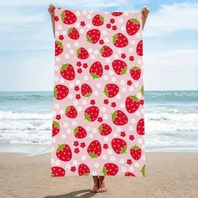 1条可爱草莓图案沙滩巾，夏季海滩必备！可机洗，柔软吸水，速干，适合泳池、露营、旅行、健身等场合。