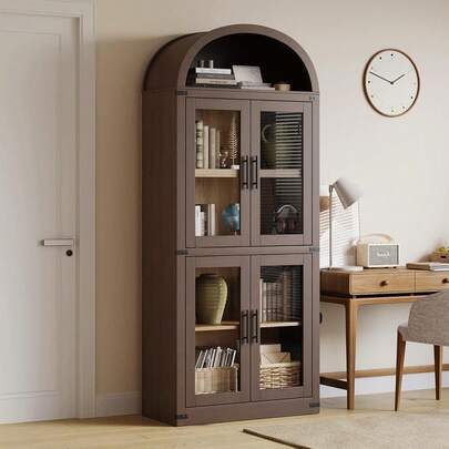 Dragonpad 72inch Tall Arched Bookcase With Glass/Rattan/Wood Doors, 4 Tier Display Bookshelf Storage Cabinet, Anti-Tipping Device, Display Organizer For Living Room Or Bedroom