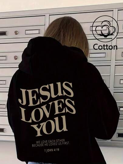 Sudadera con capucha de viaje con estampado del lema "JESÚS TE AMA", cálida para otoño/invierno