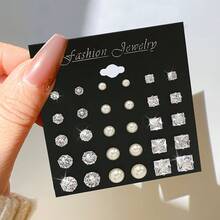 15 Pairs/Set Cubic Zirconia & Faux Pearl Decorated Stud Earrings - Silver - View 5