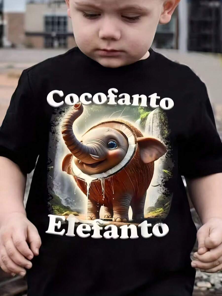 Camisetas impresas para niños de 4 a 16 años para niños y niñas One Boys Black Short Sleeve showcases COCOFANTO ELEFANTO graphic with cute coconut elephant  fabric provides Light touch Super Soft and Breathable performance Casual fun style suits daily outings outdoor adventures summer wear and comfortable everyday activities for boys who love playful animal inspired clothing - Negro - Ver 1