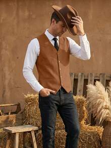 Men's Western Cowboy Suede Leather Vest Slim Fit Retro 5-Button Waistcoat Set For Prom Daily Casual Wear & Husband Gift - màu nâu - Xem 2