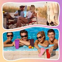 KAFUFU 25 Pack Plastic Tumblers With Lids And Straw, Reusable Cups With Lids And Straws Colorful Cups For Cold Drink Iced Coffee, Plastic Tumbler Bulk For Party Birthday Gifts (24 Oz, Stylish Colors) - 25 chiếc màu đỏ hồng - Xem 5